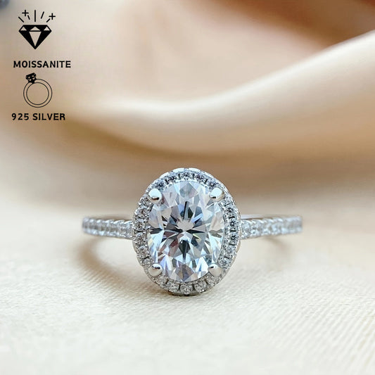 925 Sterling Silver Oval Moissanite Engagement Ring, Featuring Pave Setting and Ethically Sourced Diamonds in a Classic Design. This Elegant and Trendy Jewelry is Perfect for Special Occasions, Christmas, Music Festivals, and Banquets.