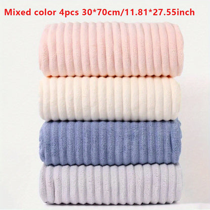 4 modern striped coral fleece towels, 29.97x69.98 cm, soft absorbent non-shedding, multi-purpose kitchen dish cloths, hair drying towels, hand towels, car wash towels, space theme, lightweight woven polyester 100%, 260gsm.