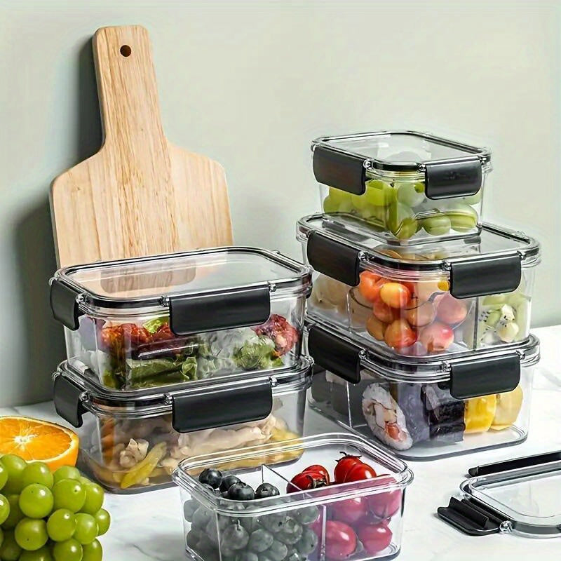 A durable food storage container made without BPA, featuring an airtight seal and secure buckle lid. This transparent, lightweight, and portable container is perfect for storing grains, eggs, fruits, and vegetables in your kitchen. A must-have kitchen