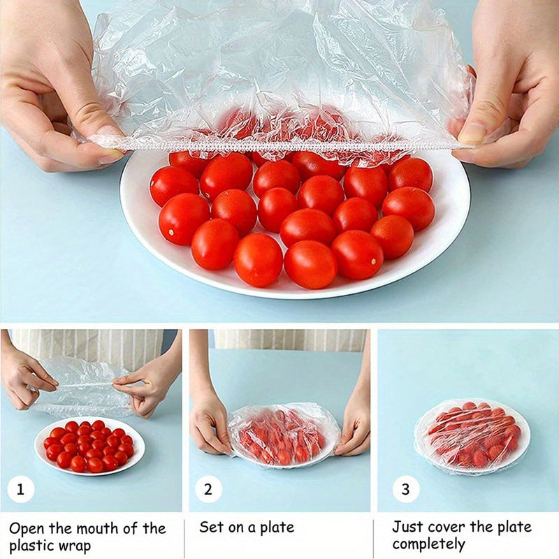 Disposable food wrap bands are sold in a pack of 100, each with elastic bands for a secure fit. These stretchable plastic covers are ideal for bowls, cups, and fruits, and are safe for food contact in the kitchen.