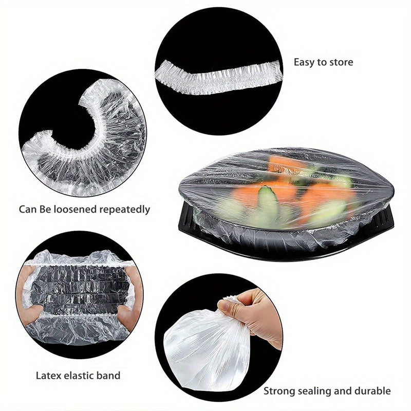 Disposable food wrap bands are sold in a pack of 100, each with elastic bands for a secure fit. These stretchable plastic covers are ideal for bowls, cups, and fruits, and are safe for food contact in the kitchen.