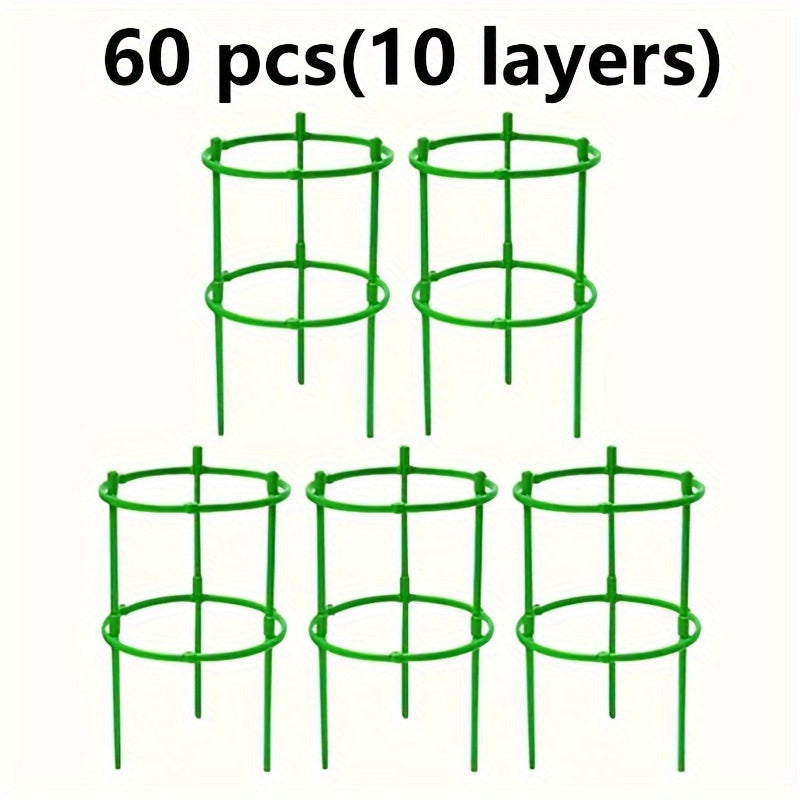 60 stackable PVC garden stakes with 10-layer plant support rings made of plastic, ideal for flowers and climbing plants.