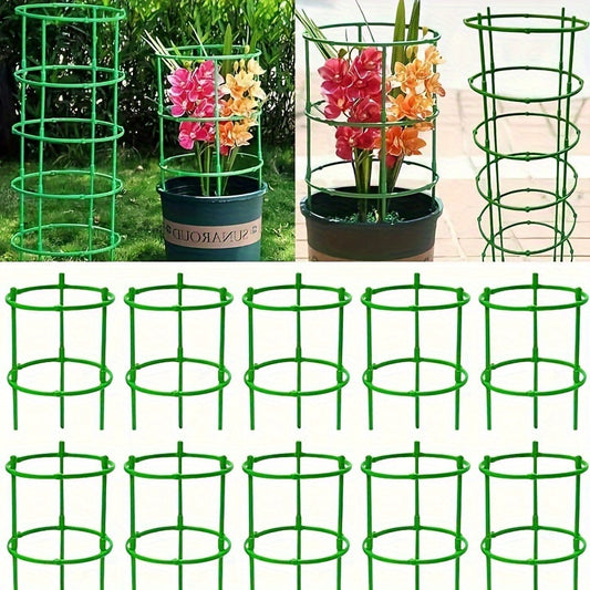 60 stackable PVC garden stakes with 10-layer plant support rings made of plastic, ideal for flowers and climbing plants.