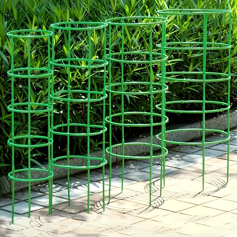 60 stackable PVC garden stakes with 10-layer plant support rings made of plastic, ideal for flowers and climbing plants.