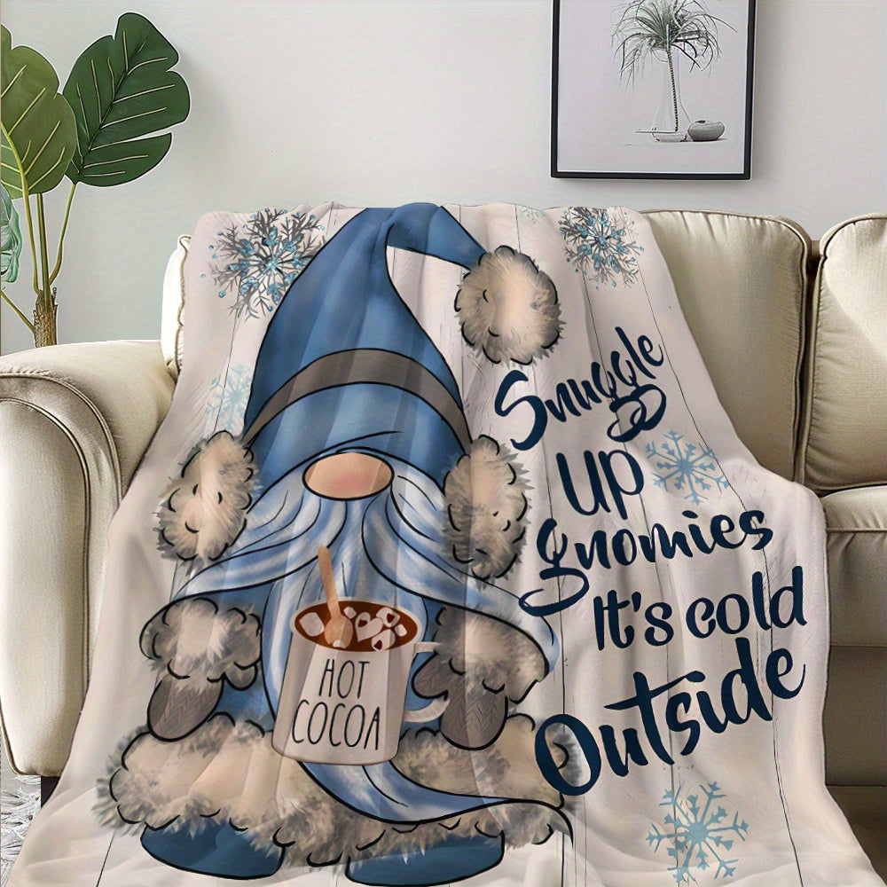 Stay warm and cozy with this winter gnome fleece blanket featuring a festive snowflake and hot cocoa design. Made of soft and warm polyester, this throw measures 149.86cm x 129.54cm, making it perfect for naps, camping, travel, and adding a touch of