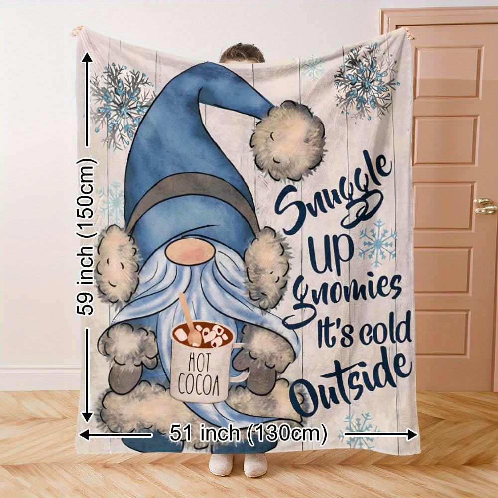 Stay warm and cozy with this winter gnome fleece blanket featuring a festive snowflake and hot cocoa design. Made of soft and warm polyester, this throw measures 149.86cm x 129.54cm, making it perfect for naps, camping, travel, and adding a touch of