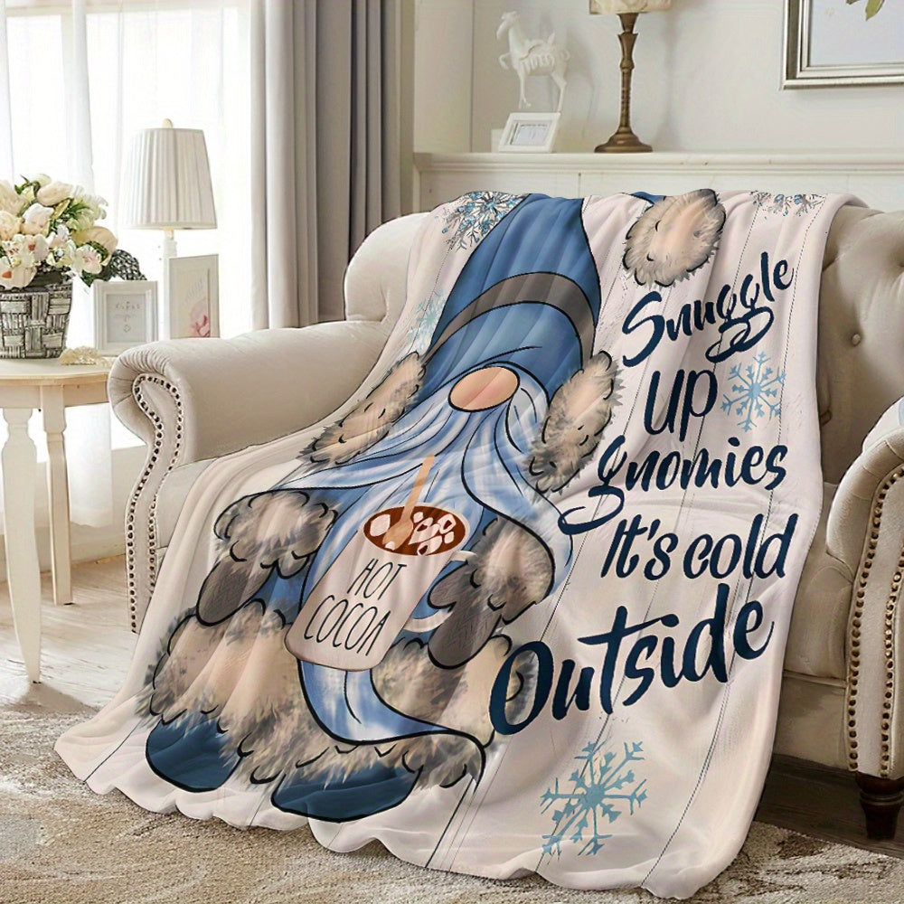 Stay warm and cozy with this winter gnome fleece blanket featuring a festive snowflake and hot cocoa design. Made of soft and warm polyester, this throw measures 149.86cm x 129.54cm, making it perfect for naps, camping, travel, and adding a touch of