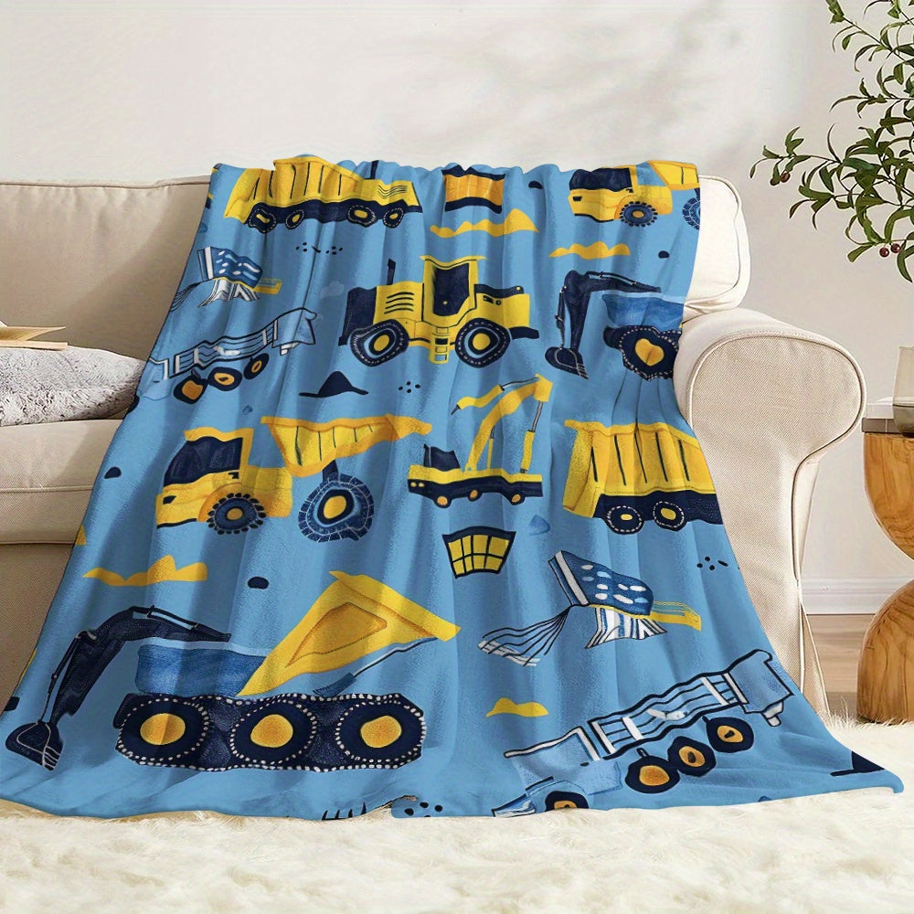 Cozy Cartoon Construction Vehicle Blanket - Featuring a Charming Yellow Excavator, Truck, and Van Design, Made from Soft Flannel for Snuggling during Naps, Camping, Travel, or at Home and Office - Perfect Gift for Loved Ones with a Modern Twist