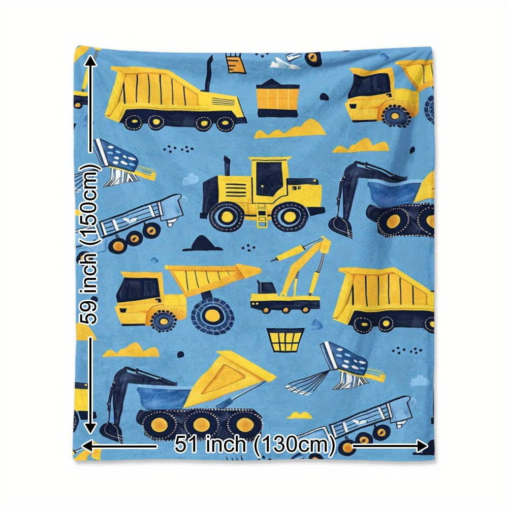 Cozy Cartoon Construction Vehicle Blanket - Featuring a Charming Yellow Excavator, Truck, and Van Design, Made from Soft Flannel for Snuggling during Naps, Camping, Travel, or at Home and Office - Perfect Gift for Loved Ones with a Modern Twist