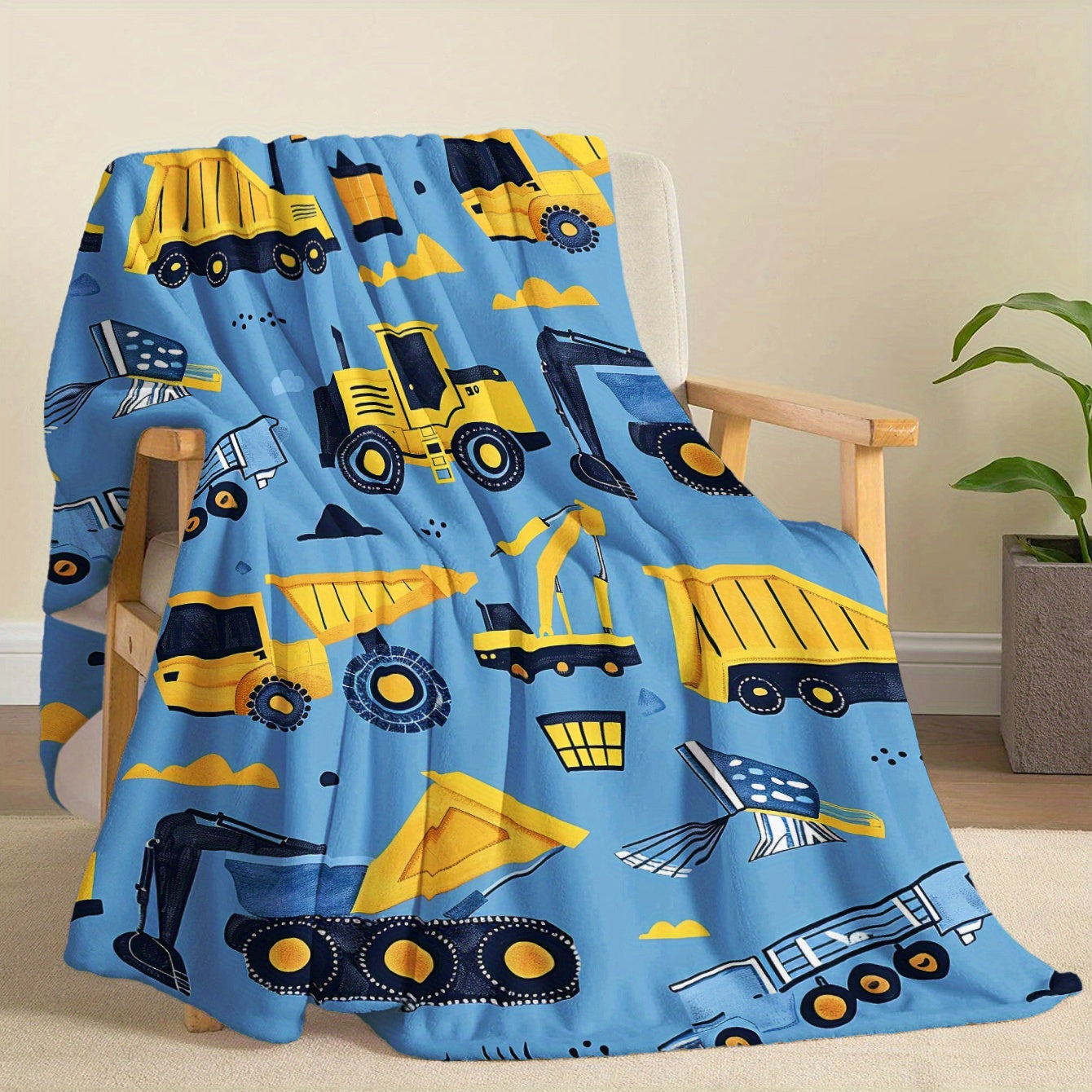 Cozy Cartoon Construction Vehicle Blanket - Featuring a Charming Yellow Excavator, Truck, and Van Design, Made from Soft Flannel for Snuggling during Naps, Camping, Travel, or at Home and Office - Perfect Gift for Loved Ones with a Modern Twist