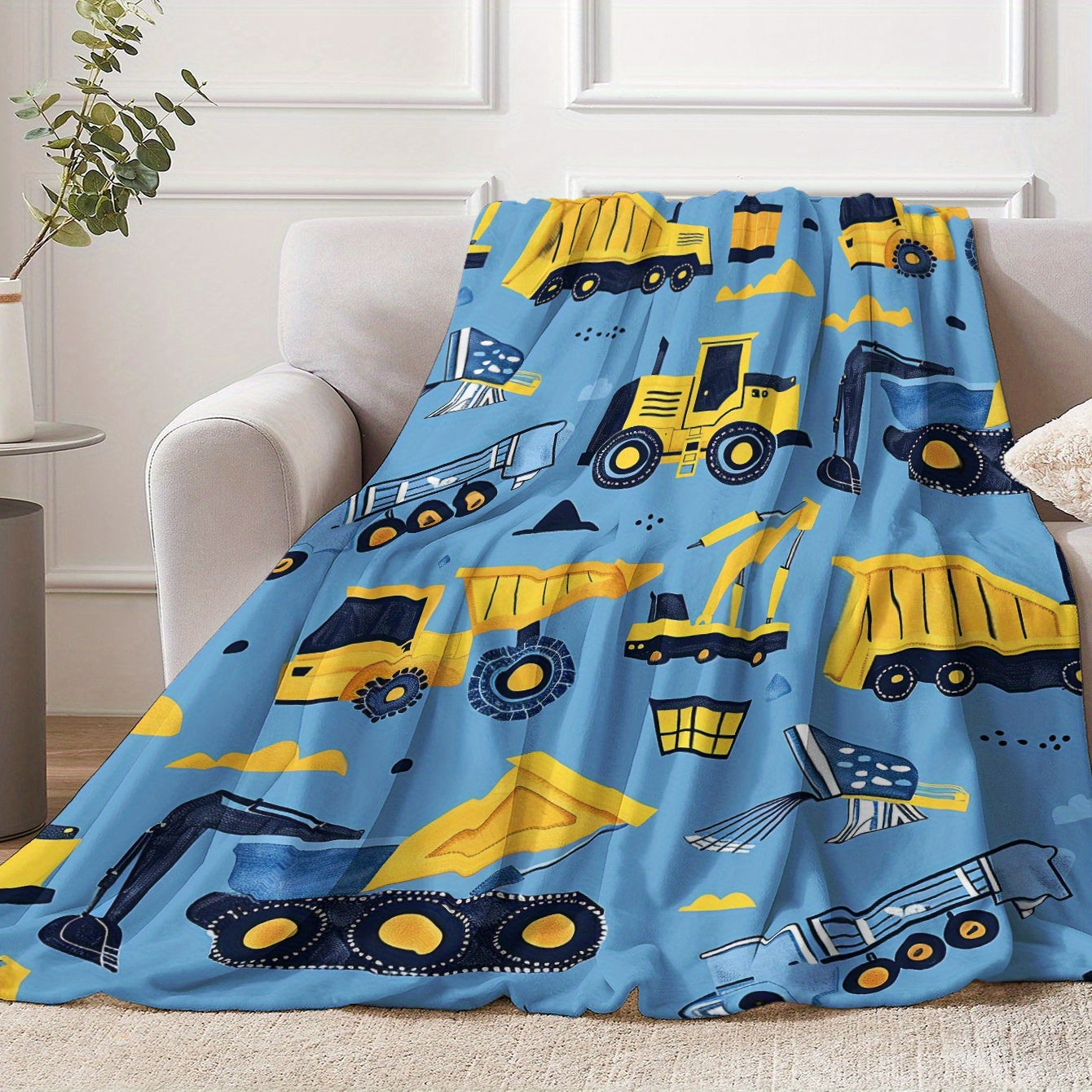 Cozy Cartoon Construction Vehicle Blanket - Featuring a Charming Yellow Excavator, Truck, and Van Design, Made from Soft Flannel for Snuggling during Naps, Camping, Travel, or at Home and Office - Perfect Gift for Loved Ones with a Modern Twist