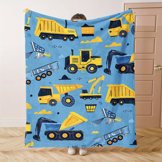 Cozy Cartoon Construction Vehicle Blanket - Featuring a Charming Yellow Excavator, Truck, and Van Design, Made from Soft Flannel for Snuggling during Naps, Camping, Travel, or at Home and Office - Perfect Gift for Loved Ones with a Modern Twist