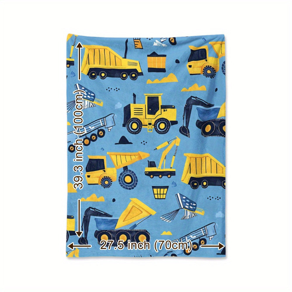 Cozy Cartoon Construction Vehicle Blanket - Featuring a Charming Yellow Excavator, Truck, and Van Design, Made from Soft Flannel for Snuggling during Naps, Camping, Travel, or at Home and Office - Perfect Gift for Loved Ones with a Modern Twist