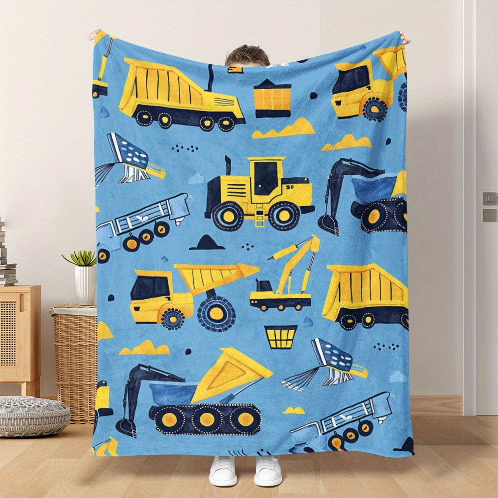 Cozy Cartoon Construction Vehicle Blanket - Featuring a Charming Yellow Excavator, Truck, and Van Design, Made from Soft Flannel for Snuggling during Naps, Camping, Travel, or at Home and Office - Perfect Gift for Loved Ones with a Modern Twist