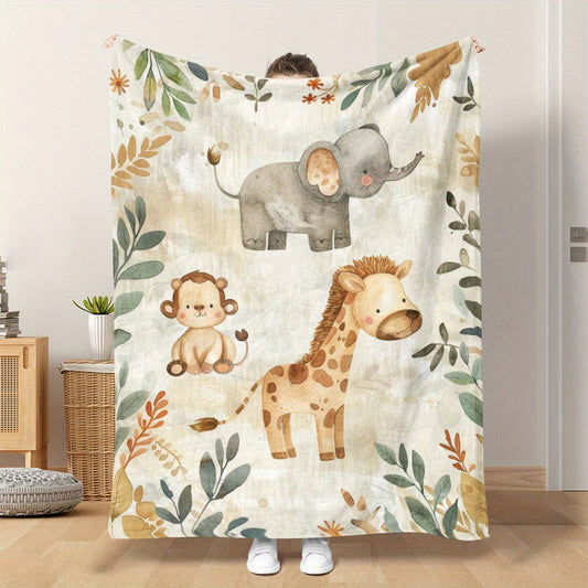 Soft and Cozy Watercolor Forest Animal Blanket featuring Monkey, Elephant, and Giraffe Designs - Ideal for Naps, Camping, Travel, and Home Decor in Spring