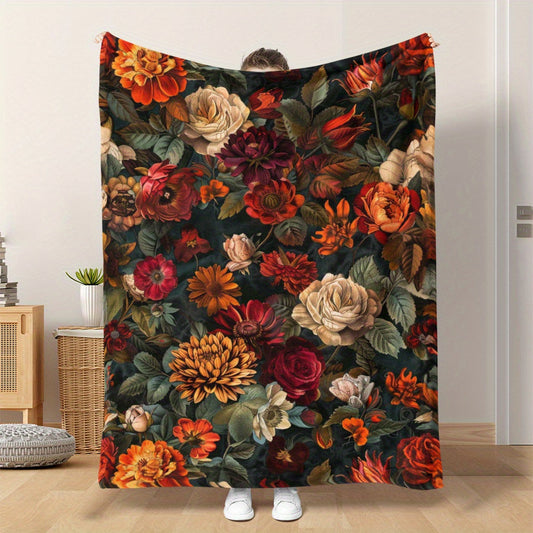 Vintage Floral Throw Blanket - Featuring Chrysanthemums & Roses in a Retro Oil Painting Design, Soft Flannel Fabric for Naps, Camping, Travel, and Home Décor - Great Gift Idea for Any Occasion