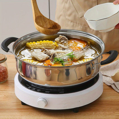 Large capacity stainless steel hot pot with lid, perfect for home and commercial use. This induction-compatible cookware set is ideal for making clear soup. The magnetic base allows for use on induction stovetops without the need for a power supply.