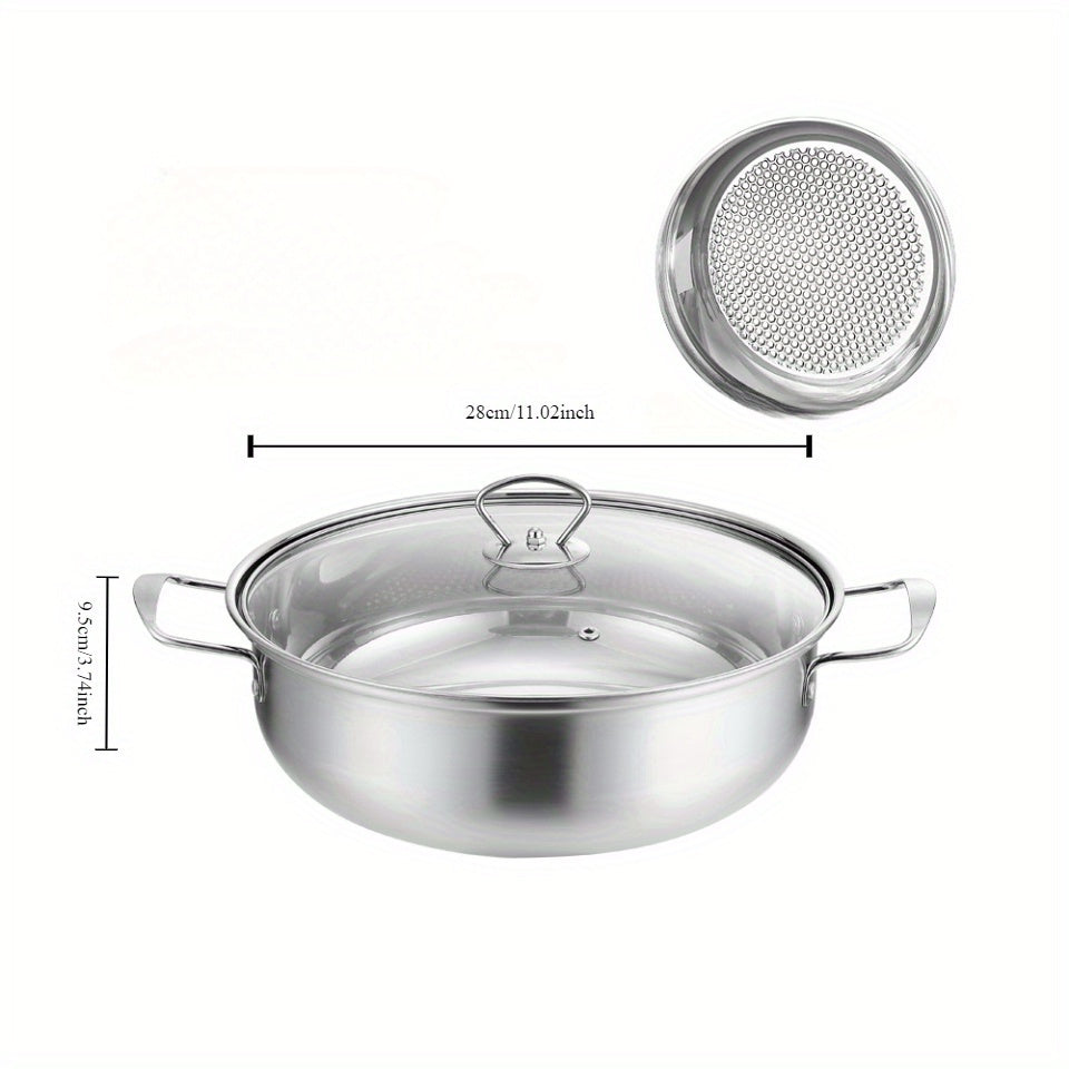 Large capacity stainless steel hot pot with lid, perfect for home and commercial use. This induction-compatible cookware set is ideal for making clear soup. The magnetic base allows for use on induction stovetops without the need for a power supply.