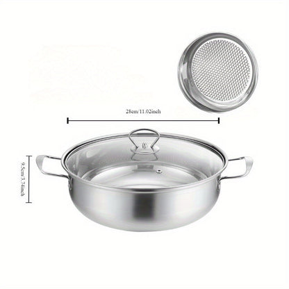 Large capacity stainless steel hot pot with lid, perfect for home and commercial use. This induction-compatible cookware set is ideal for making clear soup. The magnetic base allows for use on induction stovetops without the need for a power supply.