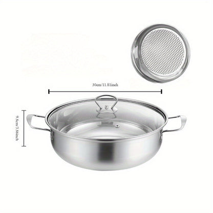 Large capacity stainless steel hot pot with lid, perfect for home and commercial use. This induction-compatible cookware set is ideal for making clear soup. The magnetic base allows for use on induction stovetops without the need for a power supply.