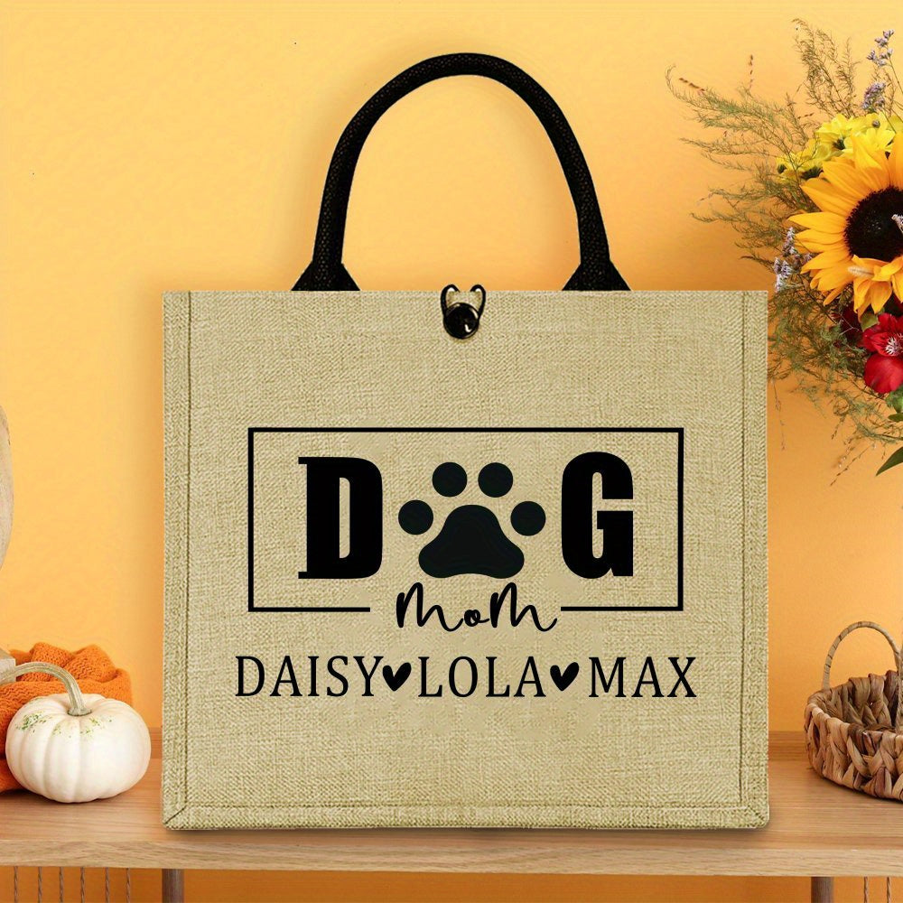 Personalized "Dog Mom" Tote Bag for Pet Owners, Made with Fashionable Jute Fabric, Features Durable Shoulder Strap and Snap Button Closure, Lightweight and Easy to Care for, Perfect Gift for Pet Lovers.