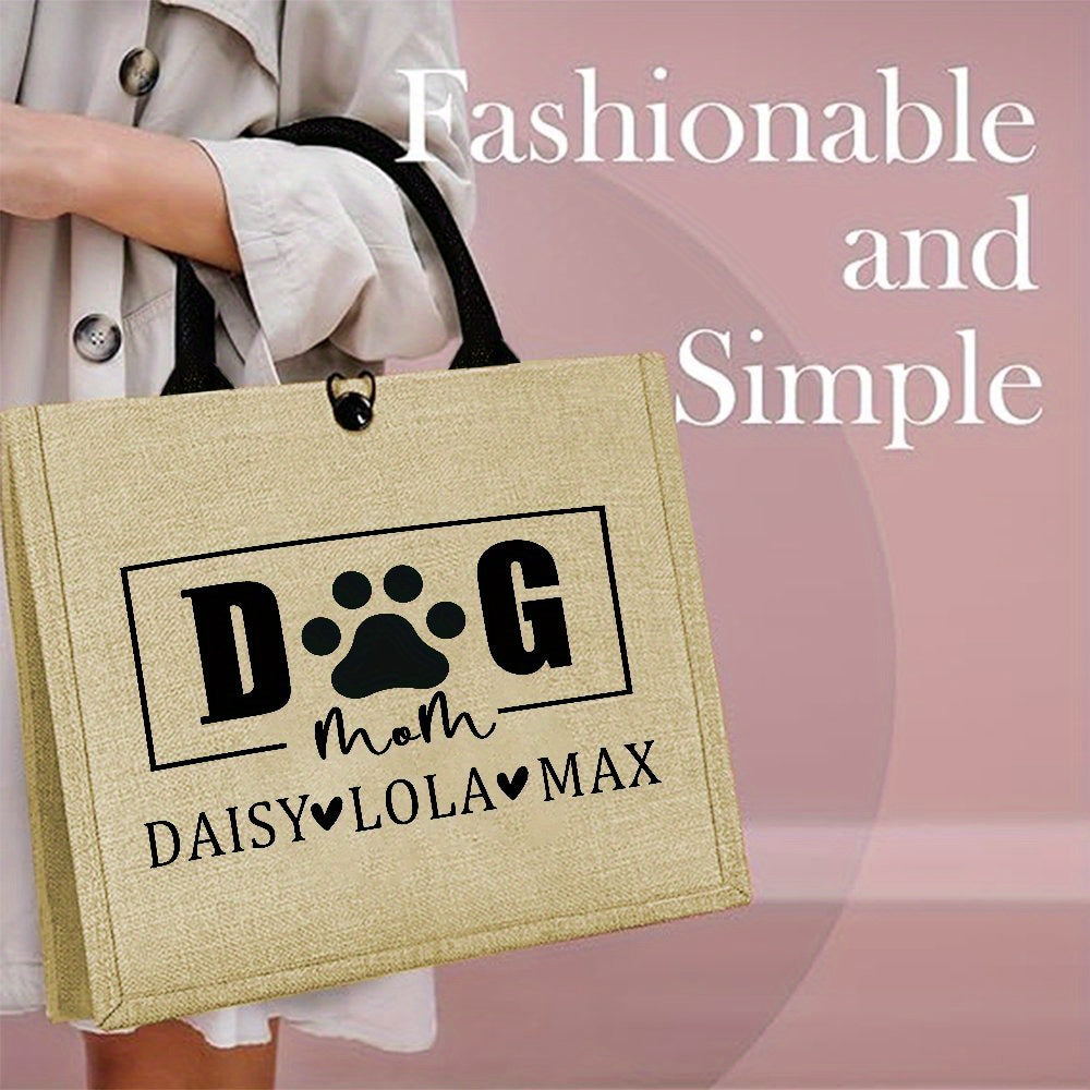 Personalized "Dog Mom" Tote Bag for Pet Owners, Made with Fashionable Jute Fabric, Features Durable Shoulder Strap and Snap Button Closure, Lightweight and Easy to Care for, Perfect Gift for Pet Lovers.