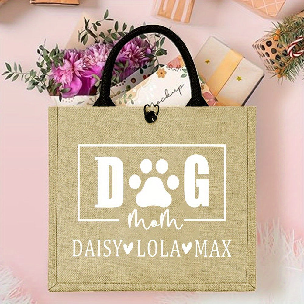 Personalized "Dog Mom" Tote Bag for Pet Owners, Made with Fashionable Jute Fabric, Features Durable Shoulder Strap and Snap Button Closure, Lightweight and Easy to Care for, Perfect Gift for Pet Lovers.