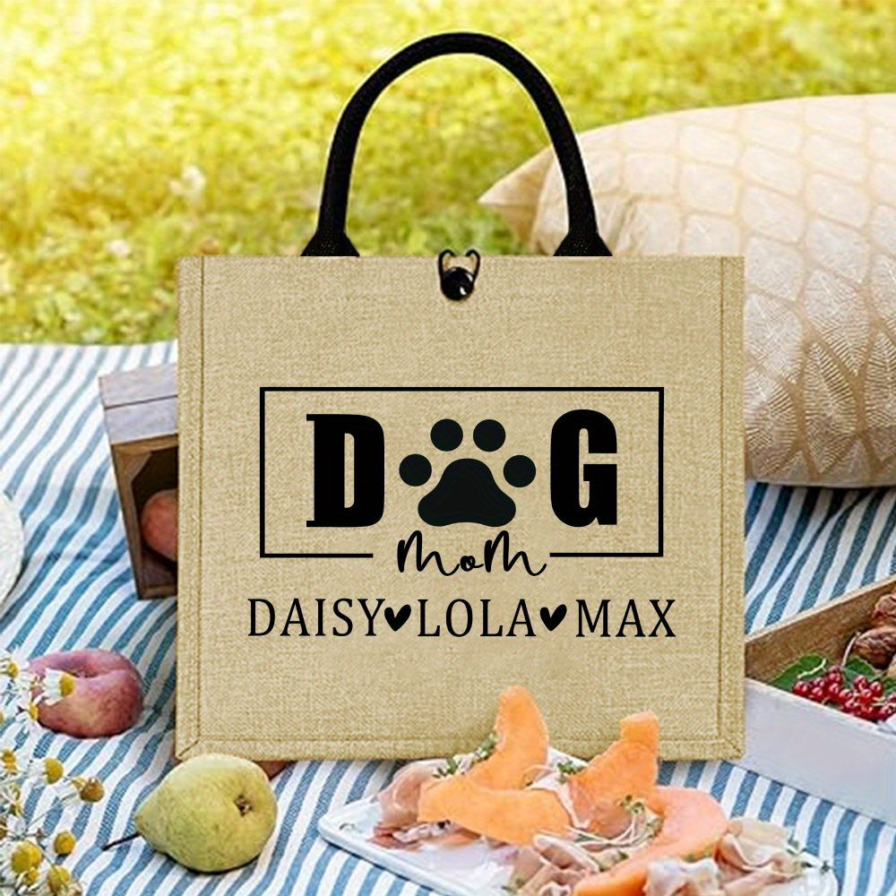 Personalized "Dog Mom" Tote Bag for Pet Owners, Made with Fashionable Jute Fabric, Features Durable Shoulder Strap and Snap Button Closure, Lightweight and Easy to Care for, Perfect Gift for Pet Lovers.