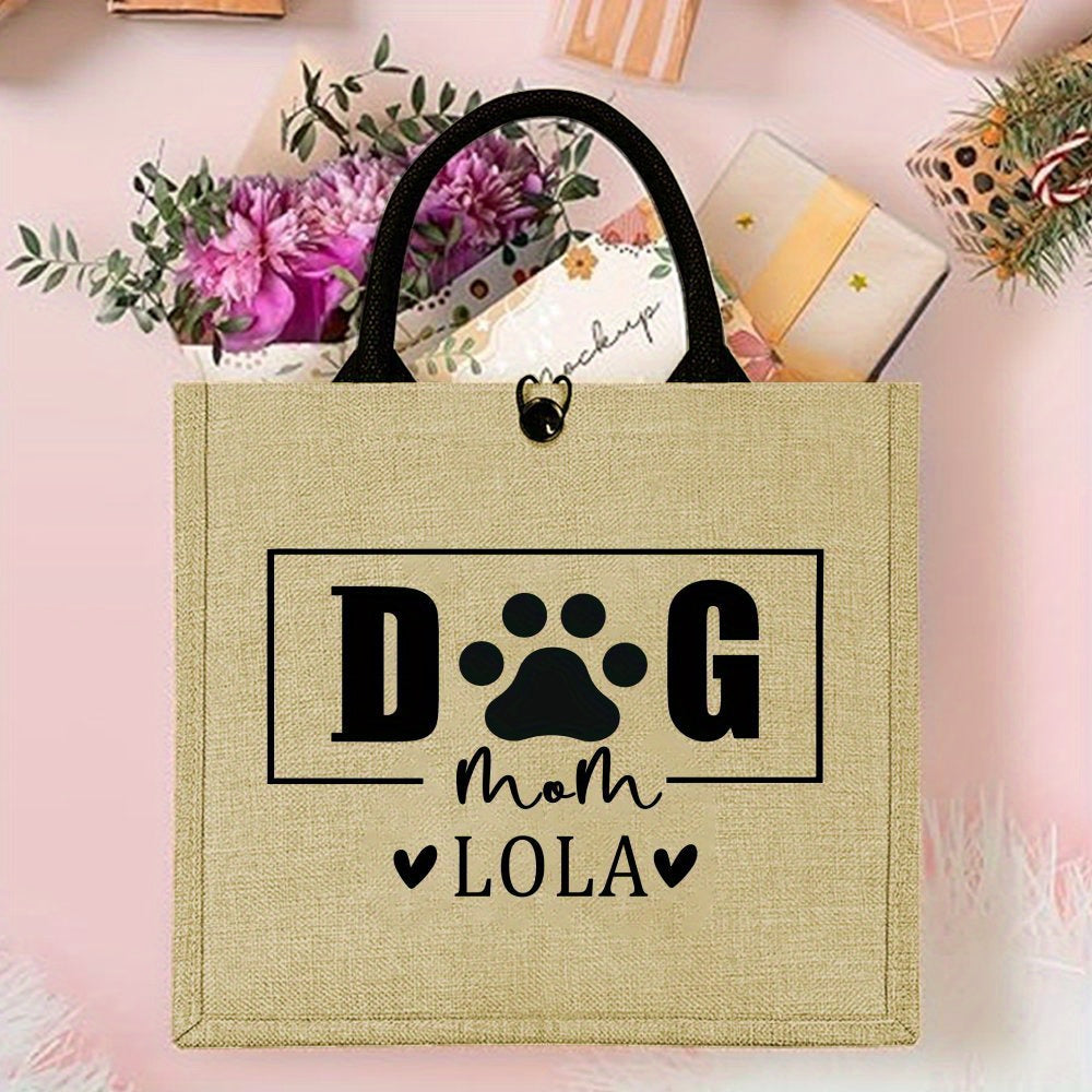 Personalized "Dog Mom" Tote Bag for Pet Owners, Made with Fashionable Jute Fabric, Features Durable Shoulder Strap and Snap Button Closure, Lightweight and Easy to Care for, Perfect Gift for Pet Lovers.