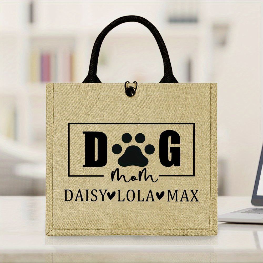 Personalized "Dog Mom" Tote Bag for Pet Owners, Made with Fashionable Jute Fabric, Features Durable Shoulder Strap and Snap Button Closure, Lightweight and Easy to Care for, Perfect Gift for Pet Lovers.