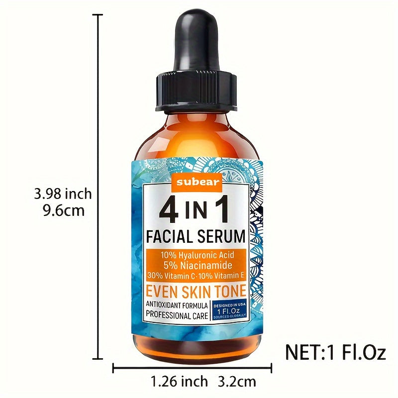 2-Pack of Subear 4-in-1 Facial Serum, 30ml/1oz, Hypoallergenic Drops with Hyaluronic Acid, Vitamin C, Vitamin E, and Nicotinamide for All Skin Types, Moisturizing Face Care for Adults.