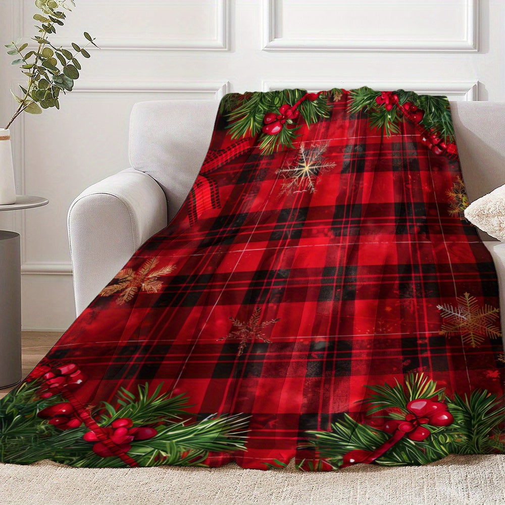 Cozy up with this nostalgic Christmas blanket featuring golden snowflakes and red buffalo plaid. This soft, warm flannel throw is perfect for naps, camping, travel, the car, or office. It also makes a great holiday gift for classmates, friends, family