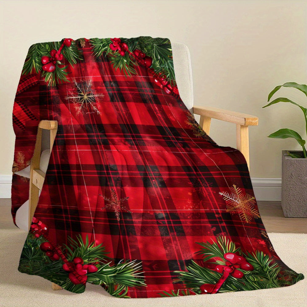 Cozy up with this nostalgic Christmas blanket featuring golden snowflakes and red buffalo plaid. This soft, warm flannel throw is perfect for naps, camping, travel, the car, or office. It also makes a great holiday gift for classmates, friends, family