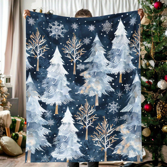 Vintage Watercolor Christmas Elements Blanket - Forest Night Scene with Blue Cedar and Snowflakes. Soft and Warm, Perfect Holiday Gift for Classmates, Friends, Family and loved ones. Ideal for Naps, Camping, Travel, Cars, Office and Home Decor.