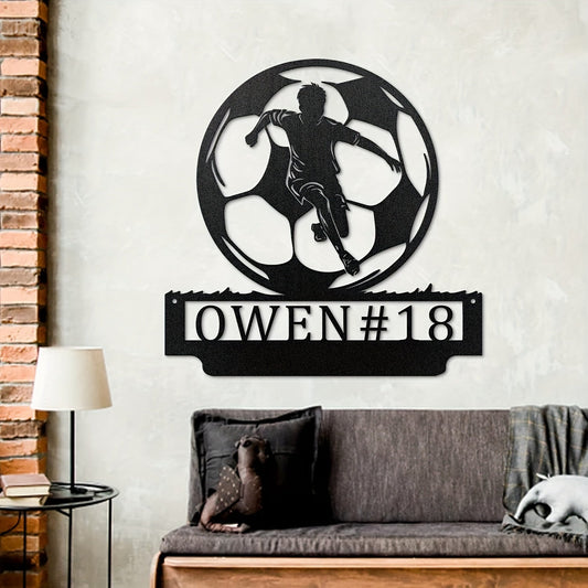 Personalized Soccer Player Metal Door Hanger Wall Decor - Sports-Themed Iron Art for Home, Customized with Name and Number, Perfect for Teen Bedrooms, Man Caves, and Parties, in Black - Suitable for Ages 14+