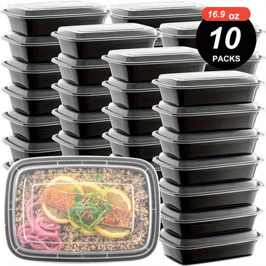 Pack of 10 Bento Box Meal Prep Containers, each with a capacity of 16.9 oz. These containers are made of durable, reusable, and stackable BPA-free plastic. They are microwave safe and do not require electricity to use. Perfect for food storage and