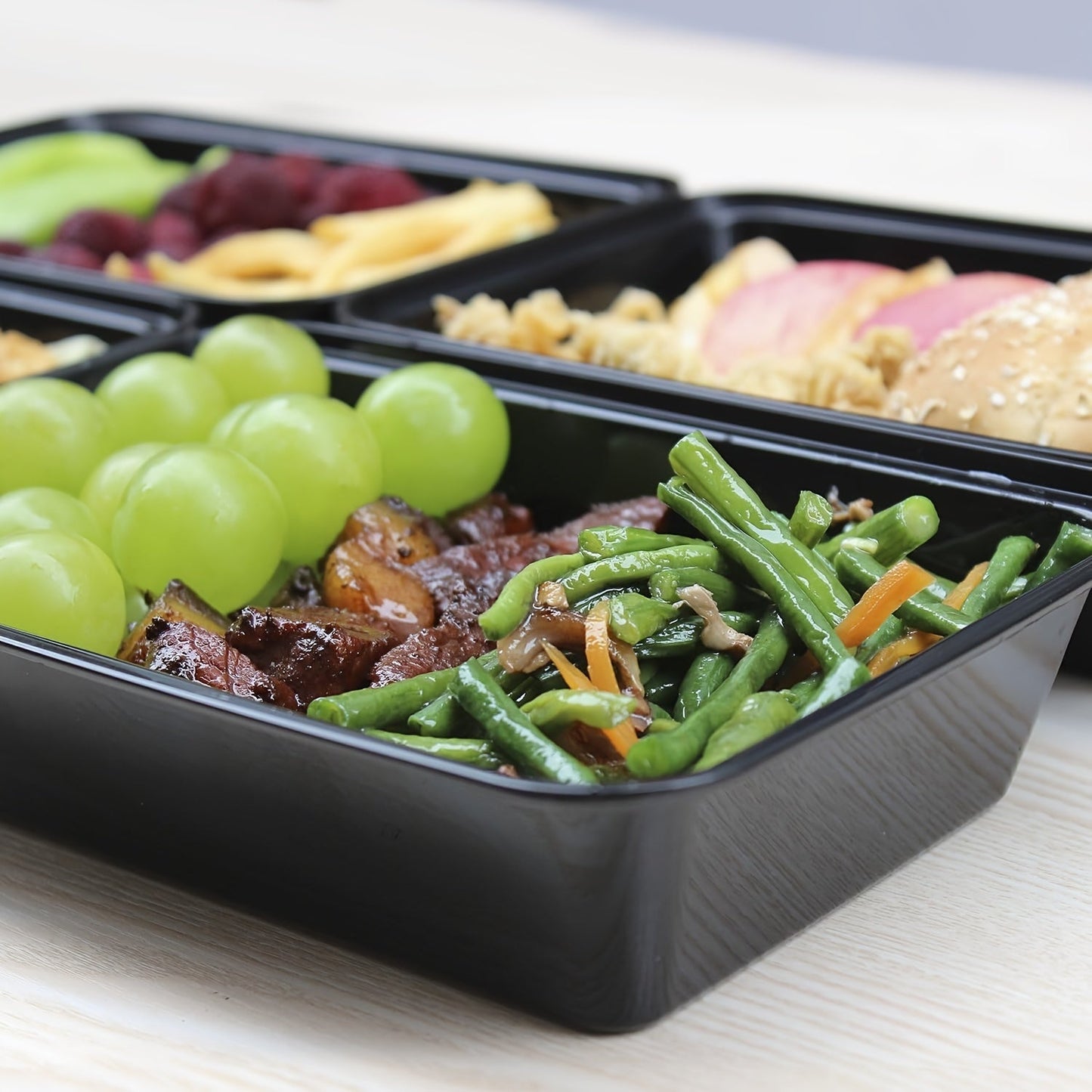 Pack of 10 Bento Box Meal Prep Containers, each with a capacity of 16.9 oz. These containers are made of durable, reusable, and stackable BPA-free plastic. They are microwave safe and do not require electricity to use. Perfect for food storage and