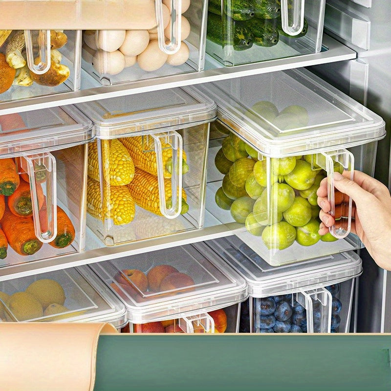 4-piece versatile kitchen storage boxes with large capacity, sealed and fresh-keeping design, made of food-grade transparent plastic material. Can be stacked in refrigerator cabinets