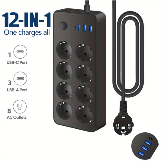 1 black power board and surge protector with 8 AC sockets, 3 USB ports and 1 TYPE C port, 182.88cm extension cable. Ideal for homes, offices, kitchens, garages, and dormitories to maximize