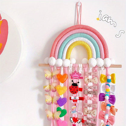 Organize your stylish headbands and barrettes with the Chic Rainbow Tassel Hair Accessory Holder. Made from cotton, this fashionable organizer is perfect for women's hair accessories.