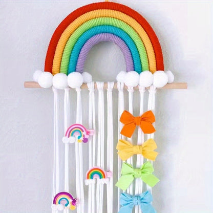 Organize your stylish headbands and barrettes with the Chic Rainbow Tassel Hair Accessory Holder. Made from cotton, this fashionable organizer is perfect for women's hair accessories.