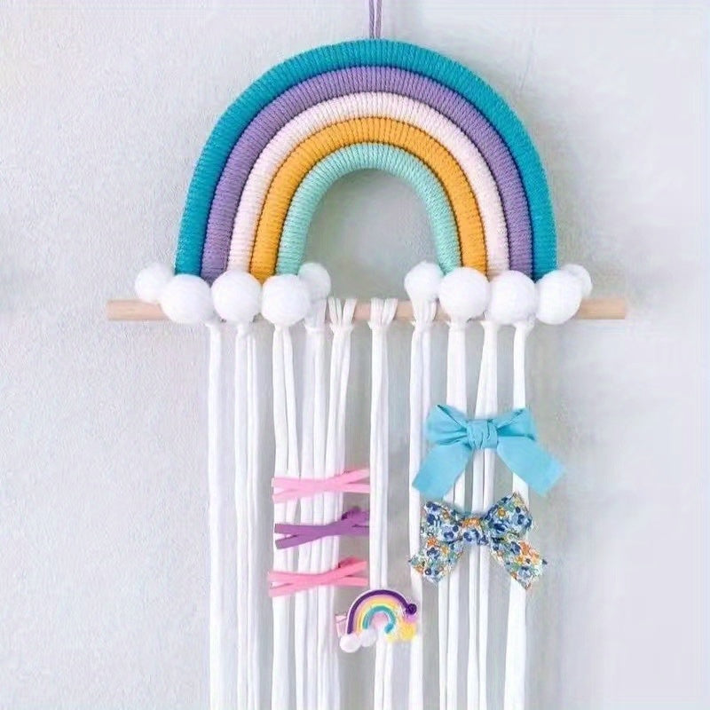 Organize your stylish headbands and barrettes with the Chic Rainbow Tassel Hair Accessory Holder. Made from cotton, this fashionable organizer is perfect for women's hair accessories.