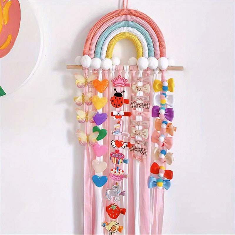 Organize your stylish headbands and barrettes with the Chic Rainbow Tassel Hair Accessory Holder. Made from cotton, this fashionable organizer is perfect for women's hair accessories.