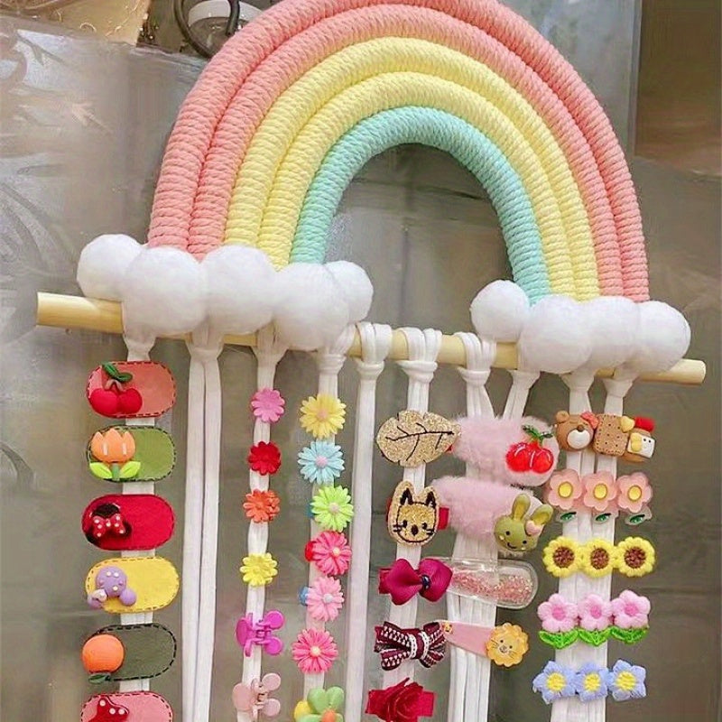 Organize your stylish headbands and barrettes with the Chic Rainbow Tassel Hair Accessory Holder. Made from cotton, this fashionable organizer is perfect for women's hair accessories.