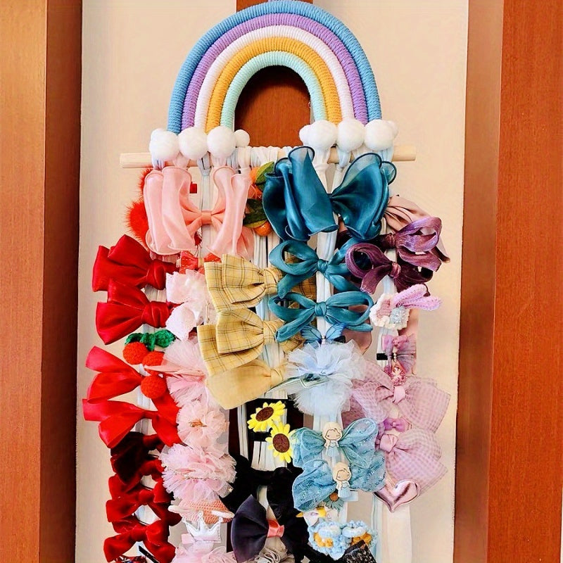 Organize your stylish headbands and barrettes with the Chic Rainbow Tassel Hair Accessory Holder. Made from cotton, this fashionable organizer is perfect for women's hair accessories.