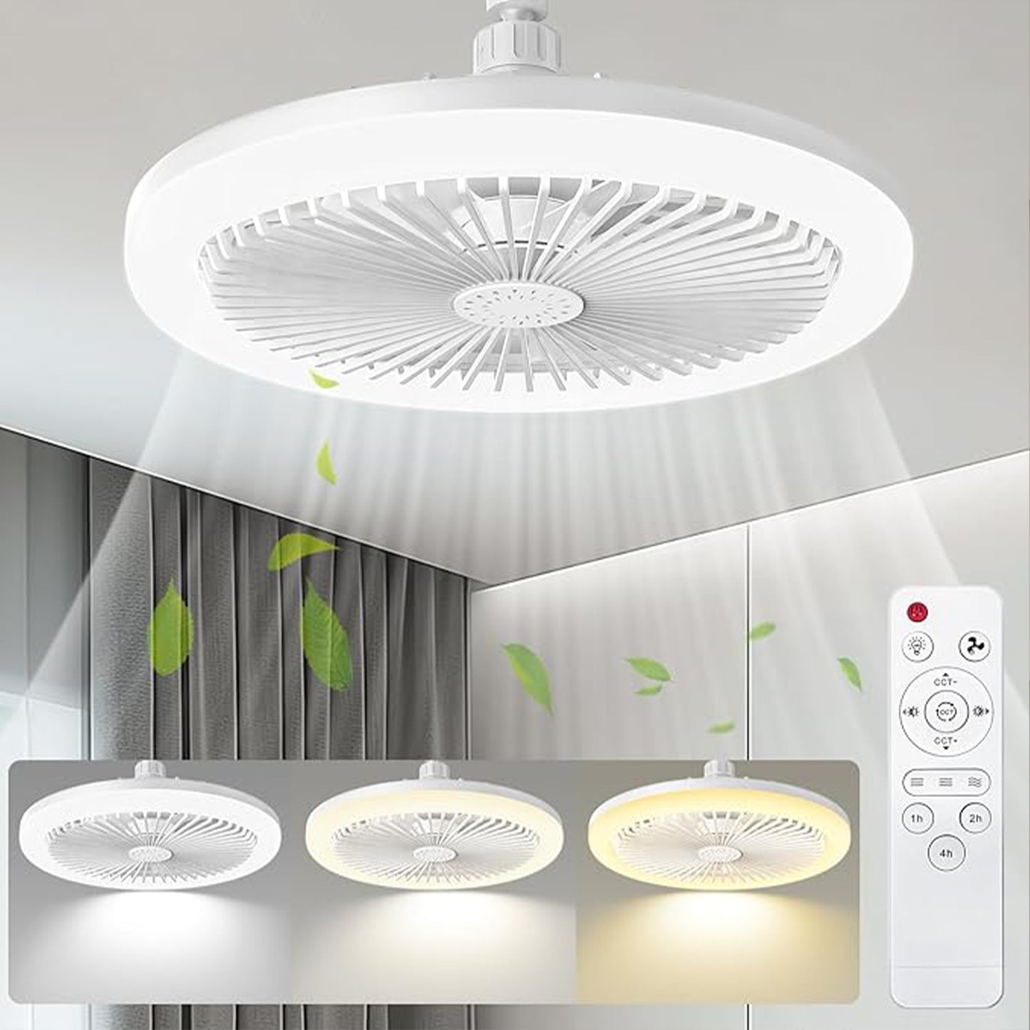 10-inch LED ceiling fan with remote, 5 blades, 360° oscillation, aromatherapy, 3 color temperatures, 3 wind speeds, timer, hardwired for bedroom, living room, study.