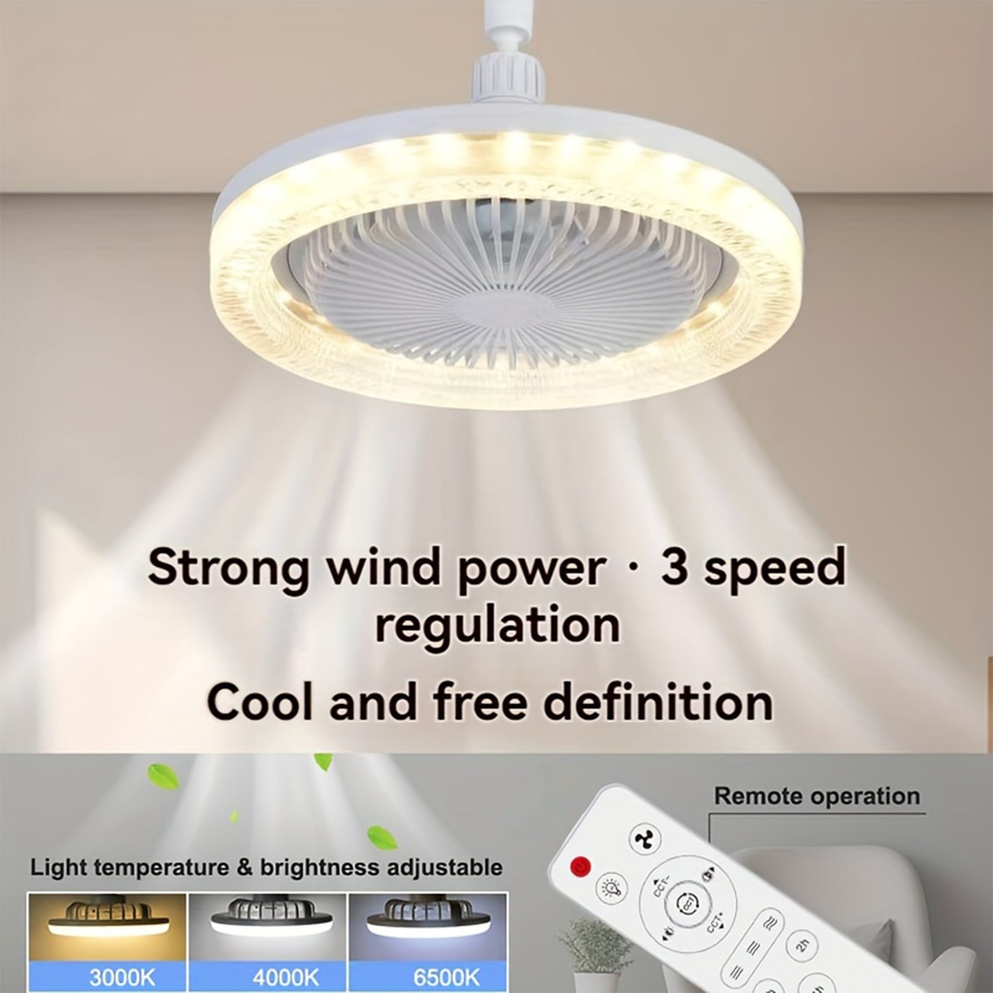 10-inch LED ceiling fan with remote, 5 blades, 360° oscillation, aromatherapy, 3 color temperatures, 3 wind speeds, timer, hardwired for bedroom, living room, study.