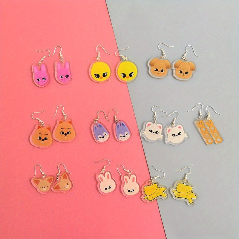 Stylish Acrylic Animal Drop & Dangle Earrings - Versatile Cartoon Style for Everyday and Special Occasions, Suitable for All Seasons. Feather-free and Hypoallergenic, Ideal for Kpop Fans and Birthday Presents.