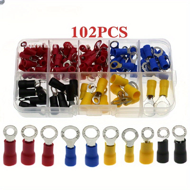 102-piece universal electrical crimp terminal set with assorted connectors for automotive and marine wiring, uncharged and battery not included.