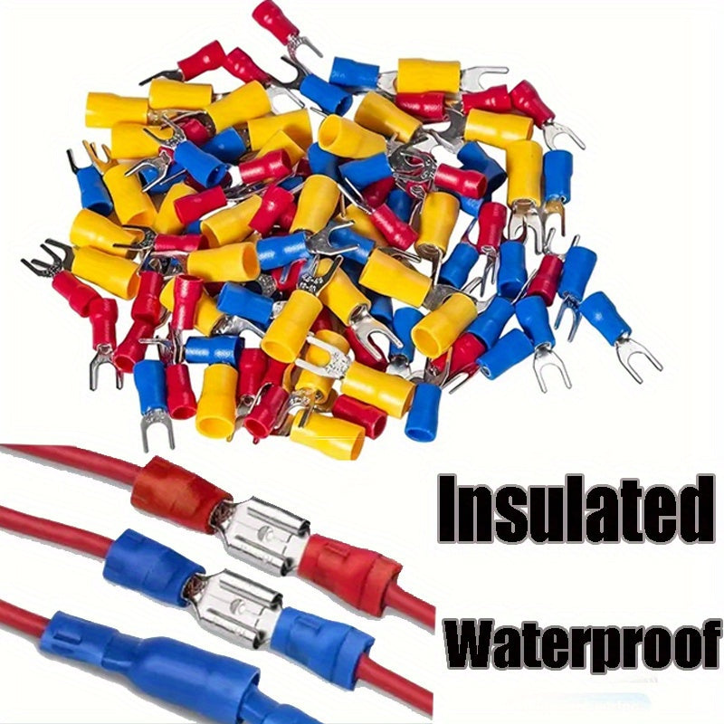 102-piece universal electrical crimp terminal set with assorted connectors for automotive and marine wiring, uncharged and battery not included.